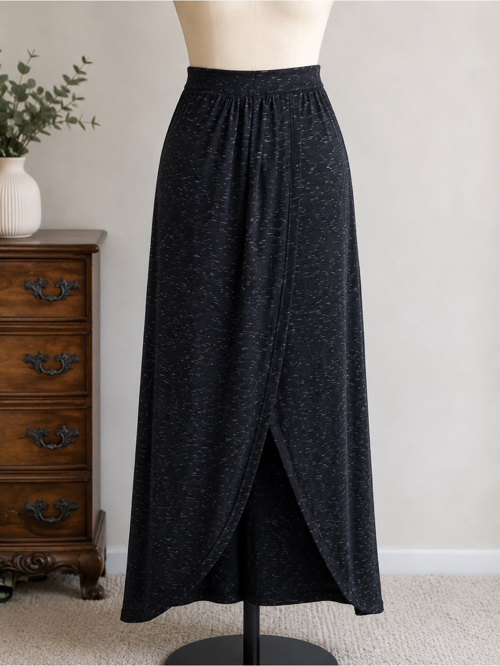 Studio M Black Speckled Faux Wrap Maxi Skirt